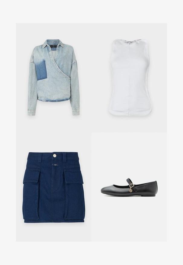 Camisa cruzada de mezclilla azul claro con escote en V profundo, mangas largas y un parche oscuro contrastante en el lado izquierdo. Dobladillos deshilachados y cuello clásico.; Top blanco sin mangas hecho de material de algodón acanalado, con un diseño ajustado, escote redondeado y costuras visibles a lo largo de los lados.; Minifalda de mezclilla azul oscura con dos grandes bolsillos frontales, cierre de botón metálico y corte recto. Tejido ligeramente texturizado.; Zapato plano Mary Jane de cuero negro con una pequeña hebilla dorada y un charm circular sobre fondo blanco.