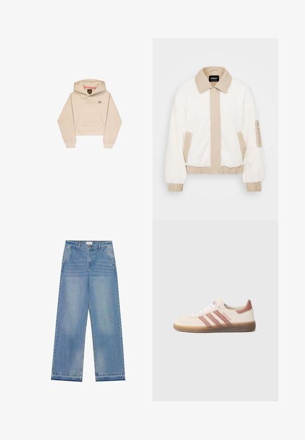 Faux fur jakke i elfenben med en beige krave og frontpanel. Har elastiske manchetter, sidelommer og en lynlåslomme på armen til opbevaring.; Afskåret beige hætte sweatshirt lavet af blødt stof, med en frontlomme, hætte og lille logo på brystet. Glat tekstur og afslappet pasform.; Lyseblå højtaljede wide-leg jeans med knaplukning, frontlommer, bæltestropper og diskret falmet detaljer.; Beige ruskindssneaker med pink detaljer, tre pink striber, hvide snørebånd og en gennemsigtig gummisål. "Spezial" branding på siden.