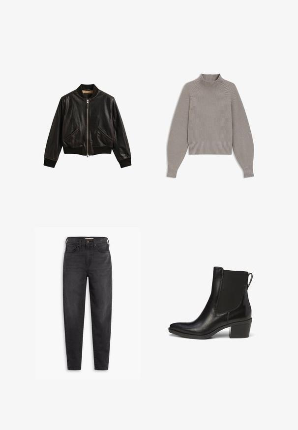 Blouson aviateur en cuir marron foncé avec fermeture éclair devant, col, poignets et ourlet côtelés, poches latérales inclinées, présenté sur fond blanc.; Pull en maille côtelée gris clair avec col montant, manches longues bouffantes et poignets ajustés, posé à plat sur un fond blanc.; Jean slim taille haute noir avec poches avant et arrière, fermeture à bouton et passants de ceinture, présentés sur un fond blanc.; Bottine en cuir noir avec des panneaux latéraux élastiques, bout pointu et talon bloc. Elle possède une tirette pour un enfilage facile.