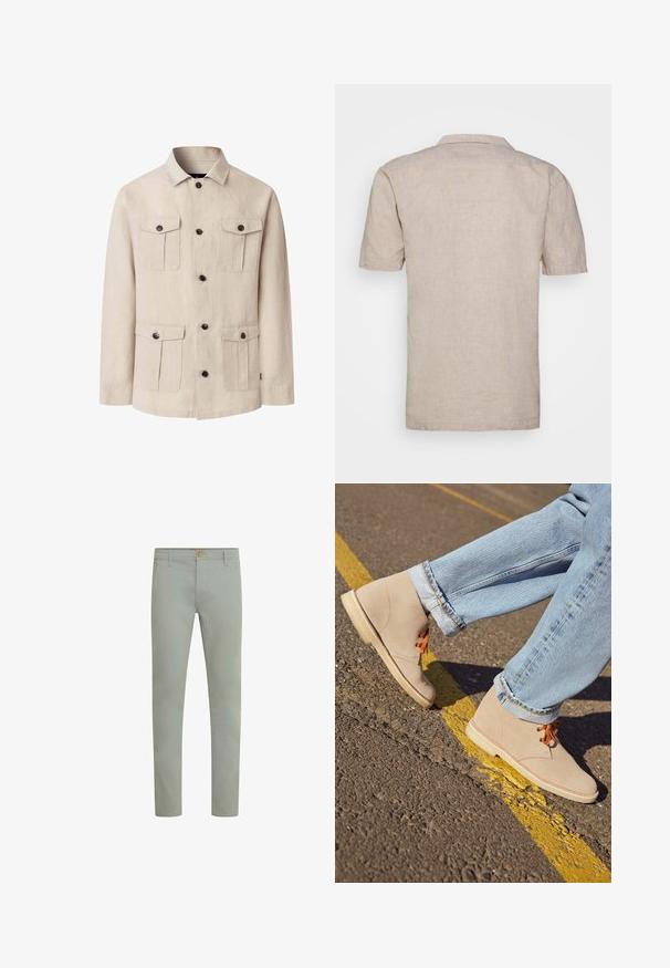 Veste beige à manches longues avec quatre poches à rabat boutonnées et une fermeture centrale à bouton, dotée d'un col classique.; Chemise en lin beige à manches courtes avec un col, dotée d'un tissu texturé et d'un ourlet droit, sans motifs visibles ni accents.; Pantalons en coton vert clair avec une coupe droite, poches avant et fermeture à un bouton à la taille. Texture lisse, design minimaliste.; Bottines en daim beige avec des lacets orange, bout rond et semelle en caoutchouc légère, associées à un jean en denim bleu clair retroussé.