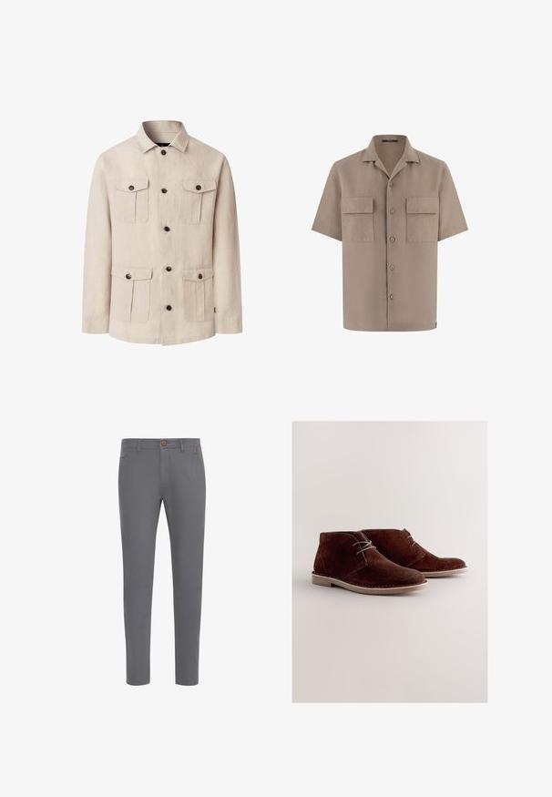 Chaqueta beige de manga larga con cuatro bolsillos con solapa abotonados y cierre central de botones, con un cuello clásico.; Camisa beige de manga corta con botones, dos bolsillos frontales con solapa y cuello abierto, presentada sobre un fondo blanco.; Pantalones de algodón grises con un diseño ajustado, que cuentan con un cierre de botón, bolsillos estándar y una textura suave.; Botines de ante marrón con punta redondeada, cordones grises y suela de goma de color claro. Diseño sencillo con detalles de costuras.