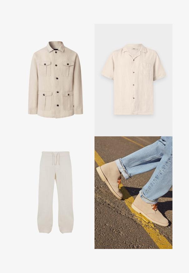 Beige lange mouwen jas met vier klepzakken met knopen en een centrale knoopsluiting, voorzien van een klassieke kraag.; Beige kortärmelig overhemd met knopen, borstzak en campkraag, gemaakt van lichtgewicht gestructureerde stof.; Licht beige linnen broek met een elastische tailleband en trekkoord. Recht model met een gladde textuur en een lichte toelopende pasvorm bij de enkels.; Beige suède enkellaarsjes met oranje veters, ronde neus en een lichte rubberen zool, gecombineerd met opgerolde lichtblauwe denim jeans.