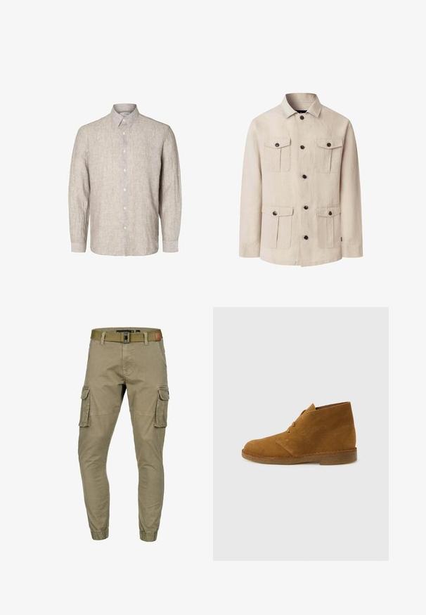 Beige langærmet jakke med fire knapflappelommer og en central knaplukning, der har en klassisk krave.; Lys grå linnedkjorte med lange ærmer, knap-ned krave og frontknapper. Tekstureret stof med et diskret mønster.; Beige cargobukser med elastiske manchetter, sidelommer med klap, forlommer og et olivengrønt stofbælte med metalspænde.; Brun ruskinds ørkenstøvle, ankelhøj, med to snørehuller og crepesål på ensartet lysegrå baggrund.