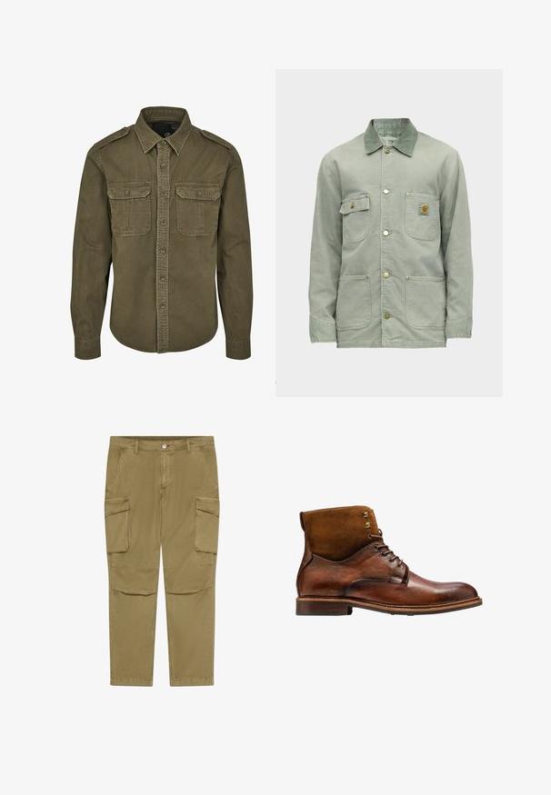 Lichtgroene werkjas met vier voorzakken, metalen knoopsluitingen en een donkerder groene kraag, met een klein merklogo op de borstzak.; Olijf groene button-up shirt van katoen. Heeft een kraag, twee borstzakken met kleppen en gestructureerde schouders met zichtbare stiksels.; Khaki cargobroek met knopen- en ritssluiting, voorzien van zijflappzakken en schuin geplaatste voorzakken.; Kazar ALID - Veterboots - brown