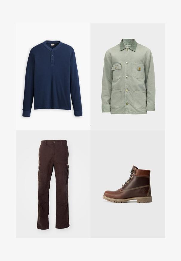 Hellgrüne Arbeitsjacke mit vier Taschen vorne, Metallknöpfen und einem dunkelgrünen Kragen, mit kleinem Markenlogo auf der Brusttasche.; Langärmliges navyblaues Henley-Shirt aus geripptem Stoff. Mit rundem Ausschnitt und einer Knopfleiste mit drei Knöpfen. Die Bündchen sind schmal geschnitten.; Braune Cargo-Hose aus robustem Baumwollstoff, mit seitlichen Taschen, einer lässigen Passform und geraden Beinen mit sichtbaren Nähten.; Braune Leder-Schnürstiefelette mit gepolsterter Knöchelpartie, kontrastierenden Nähten und robustem Sohlendesign, von der Außenseite auf einem weißen Hintergrund gezeigt.