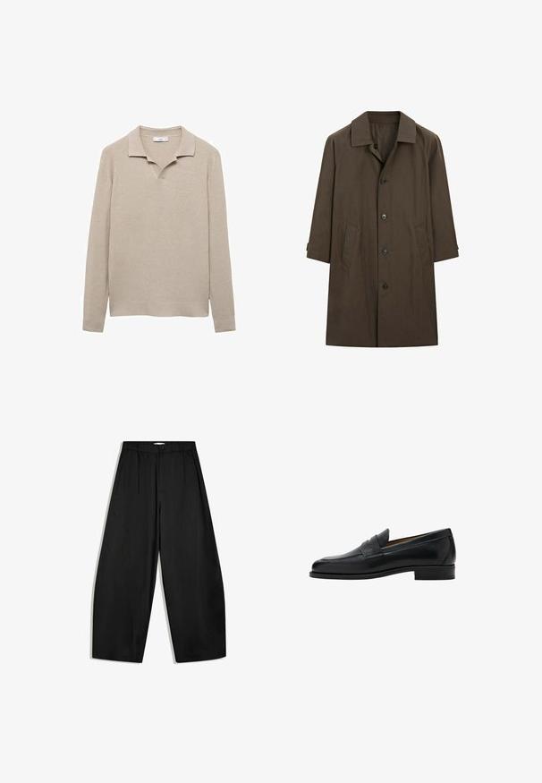 Manteau long marron foncé avec col, fermeture à boutons sur le devant et deux poches latérales sur fond blanc.; Pull en tricot côtelé beige avec un col, décolleté en V à l'avant, manches longues et ourlet droit. Texture lisse sur l'ensemble.; Pantalon noir à jambes larges, taille haute, fermeture à boutons et plis sur le devant, présenté sur fond blanc.; Mocassin penny en cuir noir avec talon bas, bout arrondi et une bride sur la partie supérieure de la chaussure.