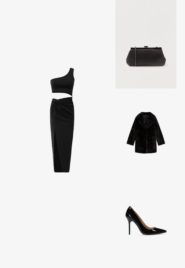Sort faux fur frakke med bred krave, lange ærmer og mellemlang længde. Glat tekstur, uden synlige lukninger, og to sidelommer.; Sort todelt tøj sæt bestående af en en-skulder crop top og en højtaljet nederdel med tvistet detalje og sideslids. Glat stof.; Sorte patenterede læderpumps med høj hæl, spids tå og slank silhuet. Har en stilettolohæl og en glat inderside.; Sort mesh clutch-taske med en struktureret silhuet, prydet med små metalstuds, har en låsemekanisme og en aftagelig kæderekke.