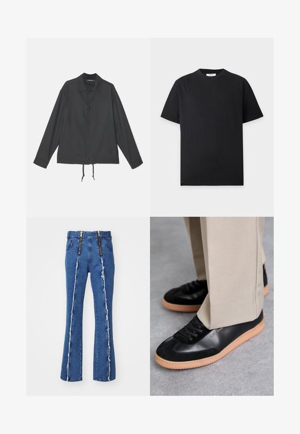 J.LINDEBERG CELIAN COACH OVERSHIRT - Leichte Jacke - black; Schlichtes schwarzes T-Shirt mit kurzen Ärmeln und Rundhalsausschnitt mit kleinem weißen Etikett innen im Kragen auf hellgrauem Hintergrund.; GmbH FAISAL - Jeans Straight Leg - denim blue; Paul Smith COMO - Sneaker low - black