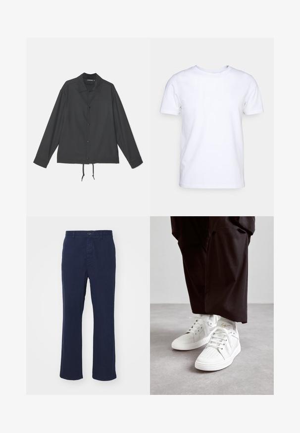 J.LINDEBERG CELIAN COACH OVERSHIRT - Lichte jas - black; Witte katoenen t-shirt met korte mouwen en een ronde hals. Eenvoudig ontwerp zonder patronen of accenten. Glad textuur.; Navyblauwe katoenen broek met een recht pijpdesign, voorzien van een sluiting met een voorknoop en zijzakken. Gladde textuur met minimale details.; Witte hoge sneakers van soepel leer hebben een geperforeerde neus, platte witte veters en een subtiele gouden accenten op de hak.