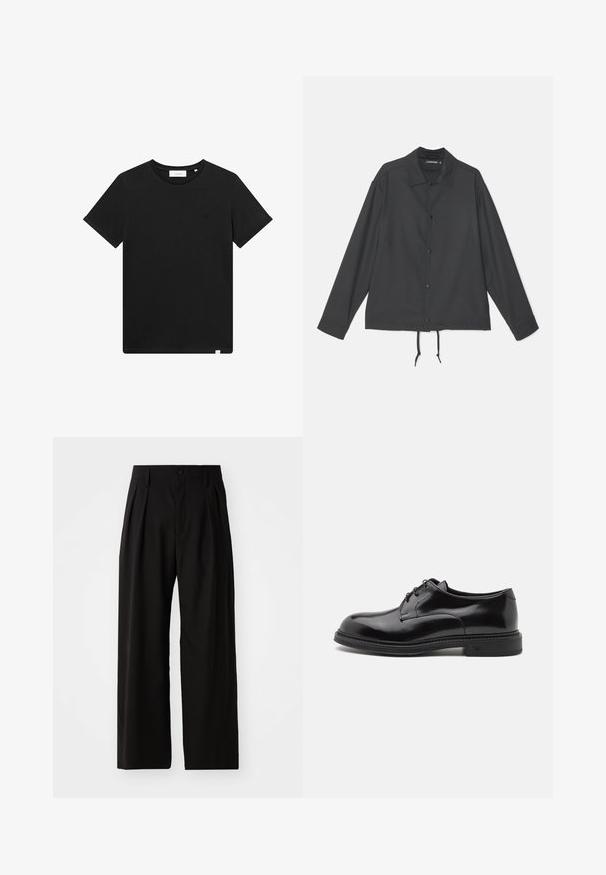 J.LINDEBERG CELIAN COACH OVERSHIRT - Lichte jas - black; Zwarte T-shirt met korte mouwen van katoen, met een ronde hals en een klein logo geborduurd op de borst. Soepele textuur, normale pasvorm.; Zwarte wijde broek met een gladde textuur, voorzien van twee voorklokken, een knoopsluiting en zijzakken. Duurzaam materiaal.; Zwarte leren nette schoen met een gladde afwerking, ronde neus en veters. Heeft een dikke zwarte zool en subtiele stiksels langs de rand.