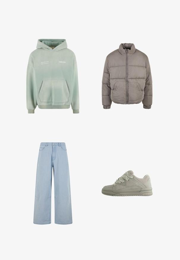 Padded šedá bomber bunda s vysokým golierom, predným zipsom a elastickými manžetami. Dve predné vrecká a prešívané časti pre textúru.; Svetlozelená mikina s kapucňou, s vreckom na prednej strane, rebrovanými manžetami a spodným lemom. Na prednej strane sa nachádzajú biele vytlačené nápisy a mäkký, textúrovaný povrch.; Svetlomodré široké džínsy vyrobené z denimu, s vysokým pásom, gombíkovým zapínaním a prednými vreckami. Dizajn zahŕňa jemné švy.; Nízkoprofilová sivá teniska s hrubými textúrovanými šnúrkami, polstrovaným golierom, šitými panelmi a ryhovanou gumovou podrážkou pre lepšiu trakciu.