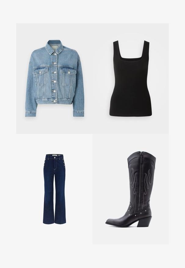 Lysblå denimjakke med krave, to forlommer og sølvknapper ned langs midten. Kort design med lange ærmer.; Sort ærmeløs tanktop med firkantet halsudskæring, lavet af glat stof; tætsiddende design uden mønstre eller hardware-detaljer.; Mørkeblå bredbenede jeans med høj talje, der har knapdetaljer på siderne og en glat denimtekstur.; Sorte cowboystøvler i læder med spids tå, synlige sømme, sølvfarvede nitte-detaljer og lynlås på den indvendige side.