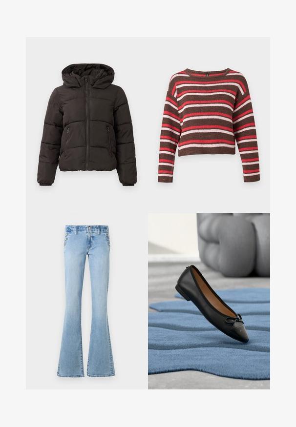 Veste d'hiver noire rembourrée avec fermeture éclair à l'avant, deux poches latérales zippées, poignets élastiques et capuche attachée.; Pull marron tricoté à manches longues avec des rayures horizontales rouges, roses et blanches et un col rond.; Jean en denim bleu clair taille haute avec jambes évasées et boutons argentés le long des poches latérales sur un fond blanc.; Ballerine en cuir noir avec un bout arrondi, un embout noir brillant et un nœud décoratif. Dispose d'une semelle intérieure rembourrée et d'un petit talon.