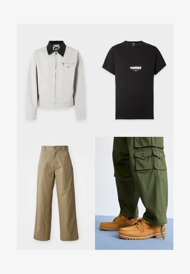 Lysegrå lynlåstrøje med sort krave, to sidelommer og en lynlåslomme på brystet med et lille logopatch.; Sort T-shirt med korte ærmer med hvidt "The North Face" logo og "Never Stop Exploring" tekst centreret på brystet.; Khaki bredde ben bukser lavet af bomuldsblandingsstof, med en enkelt knaplukning og synlige sidelommer. Glat tekstur, plisseret detalje.; Timberland AUTHENTIC 3 EYE - Sejlersko - wheat