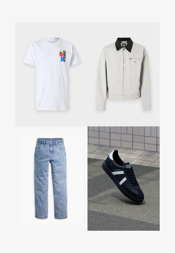 Hellgraue Jacke mit Reißverschluss, schwarzem Kragen, zwei Seitentaschen und einer Brusttasche mit Reißverschluss, die ein kleines Logo-Patch trägt.; Weißes Baumwoll-T-Shirt mit einem roten Erdbeer-Graphic, einer blauen Handillustration und dem Wort "OBEY" in Schwarz auf der linken Brustseite.; Hellblaue gerade geschnittene Jeans mit vorderem Knopf- und Reißverschluss, Gürtelschlaufen und schrägen Vordertaschen.; Schwarze Leder-Sneaker mit weißen Streifen, strukturiertem Gummisohle und Schnürung. Verfügt über ein Markenetikett auf der Zunge.