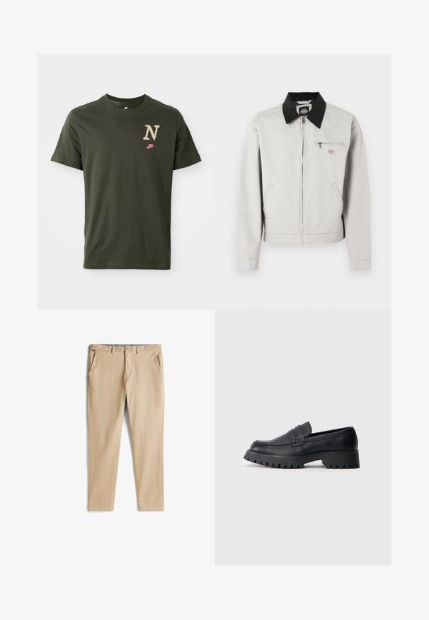 Chaqueta gris claro con cremallera, cuello negro, dos bolsillos laterales y un bolsillo en el pecho con cremallera que incluye un pequeño parche con el logo.; Camiseta de algodón verde oliva de manga corta, que presenta un gran logo "N" estampado en beige y un pequeño swoosh de Nike en rosa en el pecho.; Pantalones beige de tela suave con corte recto. Incluye dos bolsillos laterales y un cierre con botón. El interior tiene un forro estampado.; Mocasines de cuero negro con punta redondeada, que presentan una correa decorativa y una suela de goma gruesa con surcos profundos para mayor tracción.