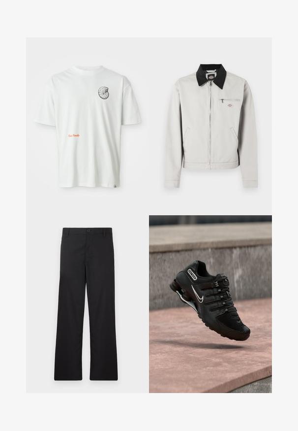 Veste à fermeture éclair gris clair avec col noir, deux poches latérales et une poche poitrine zippée ornée d'un petit patch logo.; T-shirt blanc à manches courtes avec un design de fossile abstrait en noir et blanc sur la poitrine gauche et le texte orange "Texas Fossils" sur le devant.; Pantalon noir à coupe droite, fabriqué en tissu lisse. Doté d'une fermeture à boutons sur le devant et sans motifs ni accents visibles.; Chaussure de running Nike Shox noire avec logo swoosh blanc, en l'air au-dessus d'une surface en béton rosée devant un mur en pierre gris.