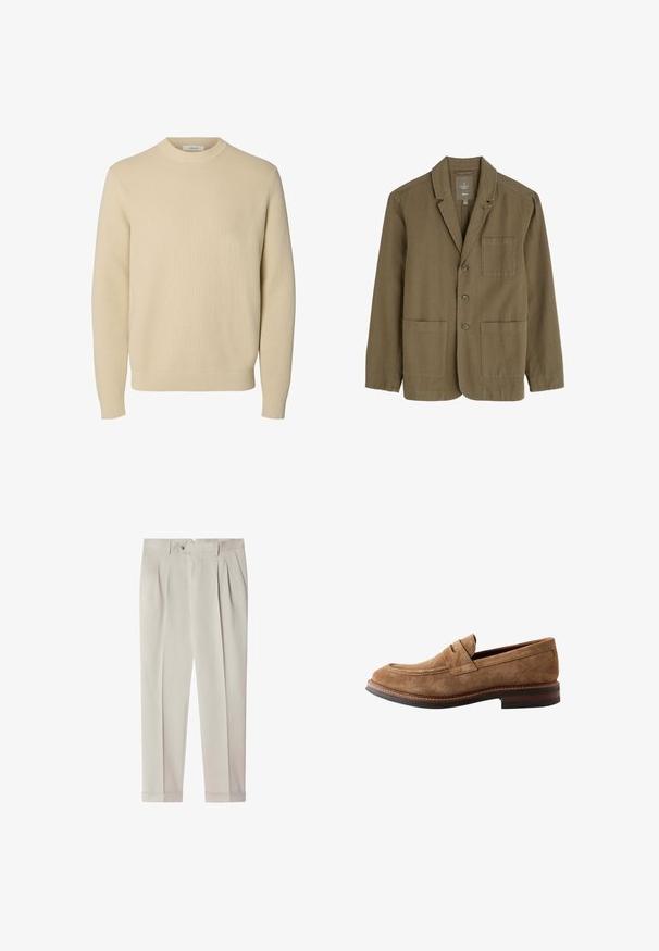 Olijfgroen herenblazer van een lichtgewicht stof, met een reverskraag, drie frontknopen en twee voorzakken.; Effen beige ronde hals gebreide trui met lange mouwen en geribde boorden en zoom.; Lichtbeige, op maat gemaakte broek met plooien, riemlussen, zijzakken, knoopsluiting en omgeslagen zomen.; Bruine suède penny loafer voor heren met gestikte details en een opgestapelde leren hak, zijaanzicht op witte achtergrond.