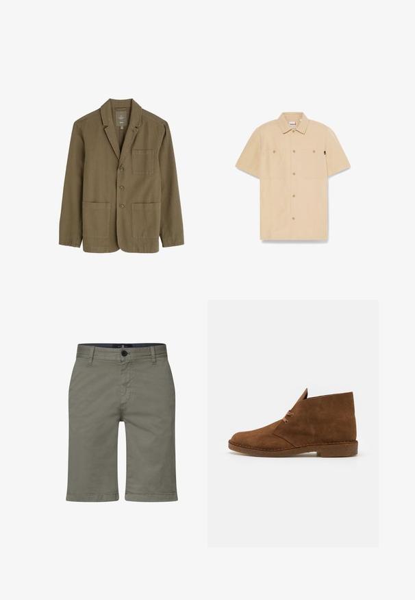 Olivegrüner Herrenblazer aus leichtem Stoff, mit Reverskragen, drei vorderen Knöpfen und zwei vorderen Taschen.; Beige kurzärmliges Hemd mit Knöpfen, zwei Brusttaschen und Kragen, Timberland-Label im Krageninneren und kleinem schwarzem Seitenschild.; Khakishorts aus einem glatten Baumwollmischmaterial, mit einem Reißverschluss, einem Knopfverschluss und Fronttaschen. Gerades Bein Design, knielanger Schnitt.; Braune Wildleder-Ankelstiefel mit rundem Zehenbereich, minimaler Naht, kurzer Zunge und Gummisohle für Trittsicherheit.