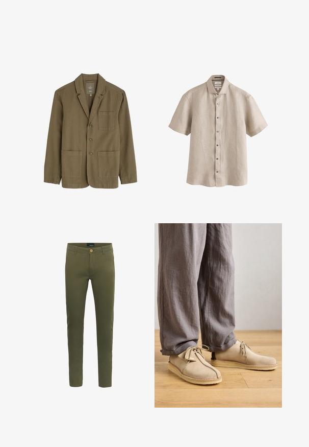Olijfgroen herenblazer van een lichtgewicht stof, met een reverskraag, drie frontknopen en twee voorzakken.; Beige overhemd met korte mouwen en knopen, gemaakt van 100% linnen, met een klassieke kraag en een normale pasvorm.; Olijfgroene broek van zachte katoenmix, met een sluiting met knoop aan de voorkant, riemlussen en een slim fit ontwerp.; Beige suède schoenen met een ronde neus, vetersluiting en gestikte accenten, gecombineerd met losse grijze linnen broek op een houten vloer.