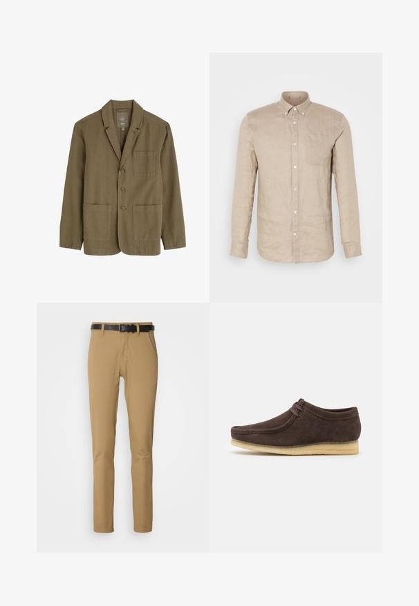 Oliven grøn herreblazer i let stof med krave, tre frontknapper og to frontlommer.; Beige linned button-up skjorte med lange ærmer, enkelt brystlomme og hvide knapper. Glat tekstur, afslappet pasform og spidse krave.; Khaki bukser med slim fit design, lavet af blødt stof. Har et sort bælte, to forlommer og en lige benpasform.; Brune ruskindsko med en glat overflade, rund tå og minimalistisk design. Har en lysgummisål og kontrastfarvet snøredetalje.