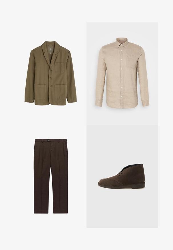 Oliven grøn herreblazer i let stof med krave, tre frontknapper og to frontlommer.; Beige linned button-up skjorte med lange ærmer, enkelt brystlomme og hvide knapper. Glat tekstur, afslappet pasform og spidse krave.; Brune skræddersyede bukser lavet af letvægtsstof med lige ben, der har en frontlukning med knap og to sidelommer.; Brun ruskindsankelstøvle med to huller, lav hæl og syet sål på en ensartet lysegrå baggrund.