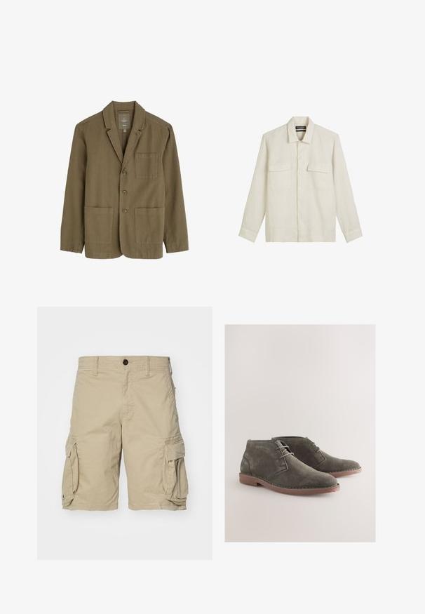 Olijfgroen herenblazer van een lichtgewicht stof, met een reverskraag, drie frontknopen en twee voorzakken.; Lichtbeige linnen shirt, lange mouwen, met kraagontwerp, twee borstzakken en knoopsluiting aan de voorkant. Soepele textuur en relaxte pasvorm.; Beige cargoshorts van katoen met zijzakken, een knoopsluiting en een recht gesneden ontwerp. Zachte textuur.; Grijze suède enkellaarzen met een puntige neus, voorzien van eenvoudige veters, een gestikte rand langs de zool en een bruine rubberen buitenzool.