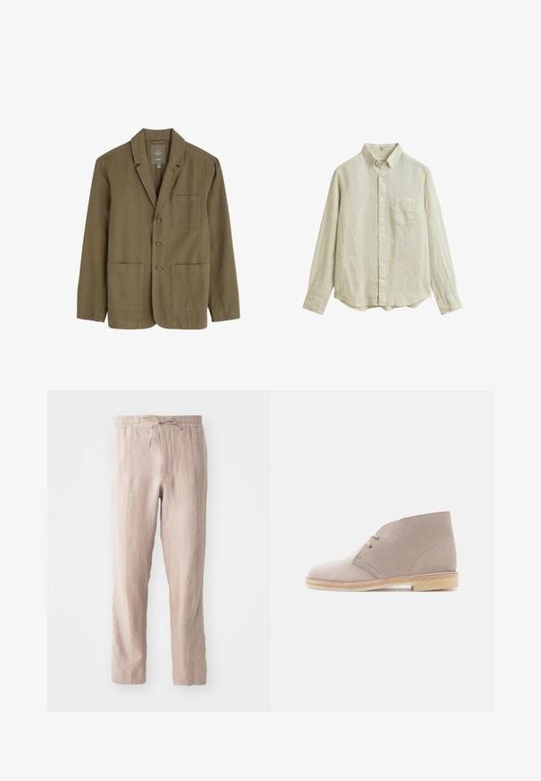 Oliven grøn herreblazer i let stof med krave, tre frontknapper og to frontlommer.; Beige langærmet skjorte med knapper og krave med knaplukning samt en enkelt brystlomme, vist på en hvid baggrund.; Beige linnedbukser med elastisk talje og snor. Lige ben design med en blød tekstur og minimalistisk stil.; Beige ruskindsankelstøvle med to-huls snørebånd, crepe-sål og lav stakket hæl, vist fra siden på en ensfarvet baggrund.