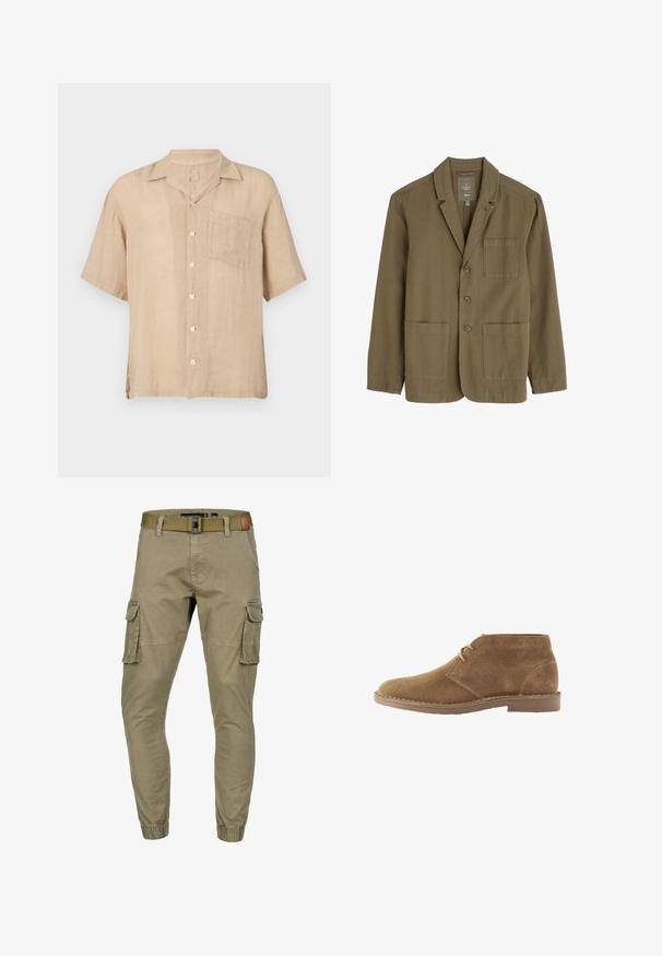 Oliven grøn herreblazer i let stof med krave, tre frontknapper og to frontlommer.; Kortærmet beige linnedskjorte med en notch-krave, forlommer og hvide knapper. Struktureret stof, afslappet pasform og lige kant.; Beige cargobukser med elastiske manchetter, sidelommer med klap, forlommer og et olivengrønt stofbælte med metalspænde.; Brun ruskind ankelhøj afslappet sko med to snørehuller og syet sål på hvid baggrund, set fra siden.