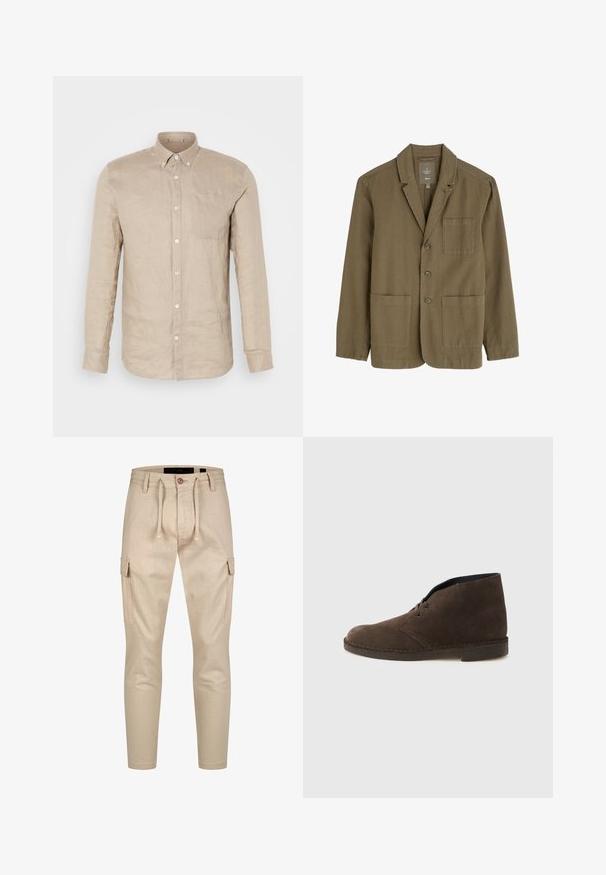 Blazer para hombre en verde oliva, confeccionado en una tela ligera, con cuello de muesca, tres botones delanteros y dos bolsillos frontales.; Camisa de lino beige de botones con mangas largas, bolsillo en el pecho y botones blancos. Textura suave, corte relajado y cuello puntiagudo.; Pantalones cargo beige con un corte ajustado, que cuentan con bolsillos cargo a los laterales, cintura elástica y cordón para un ajuste cómodo y ajustable.; Botín marrón de ante con dos ojales, tacón bajo y suela cosida sobre un fondo liso de color gris claro.