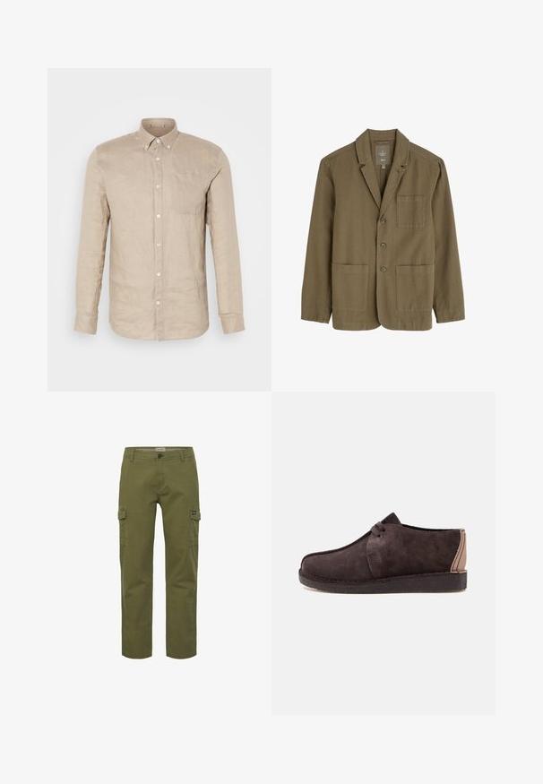 Olivegrüner Herrenblazer aus leichtem Stoff, mit Reverskragen, drei vorderen Knöpfen und zwei vorderen Taschen.; Beige Leinen-Hemd mit langen Ärmeln, einer Brusttasche und weißen Knöpfen. Glatte Textur, lockere Passform und spitzer Kragen.; Olivegrüne Cargo-Hosen mit geradem Schnitt, Front- und Seitentaschen sowie Knopfverschluss. Hergestellt aus strapazierfähigem Baumwollstoff.; Dunkelbrauner Veloursleder-Schnürschuh mit flacher Sohle und beigem Lederdetail an der Ferse, seitlich gezeigt.