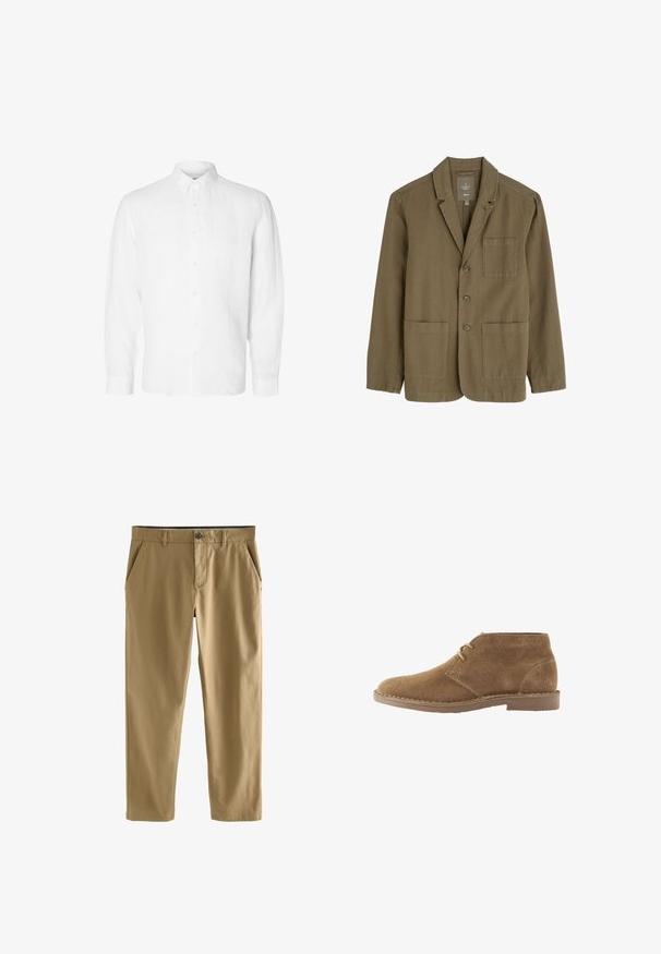 Blazer para hombre en verde oliva, confeccionado en una tela ligera, con cuello de muesca, tres botones delanteros y dos bolsillos frontales.; Camisa blanca de manga larga hecha de lino, con cuello abotonado, botones en el frente y un ajuste relajado con puños rectos.; Pantalones casual beige con cierre de botón y cremallera, trabillas para cinturón y bolsillos laterales delanteros, mostrados sobre fondo blanco.; Zapato casual marrón de ante hasta el tobillo con dos ojales para cordones y suela cosida sobre fondo blanco, vista lateral.