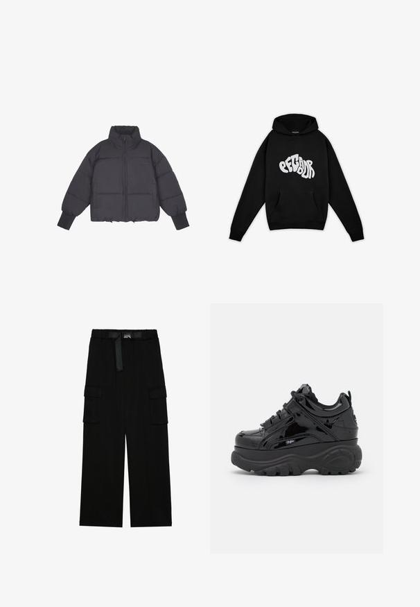 Chaqueta de plumas negra con cuello alto, cierre de cremallera en la parte frontal y puños elásticos. Presenta un acolchado estructurado y un diseño corto.; Pegador PALUMA OVERSIZED HOODIE - Sudadera - black; Pantalones cargo negros con un diseño de pierna ancha, cinturilla elástica con un cinturón y dos grandes bolsillos laterales para almacenamiento.; Zapatillas negras de plataforma con un acabado brillante de charol, que cuentan con suelas de goma gruesas, diseño de cordones y un detalle de logotipo en el lateral.