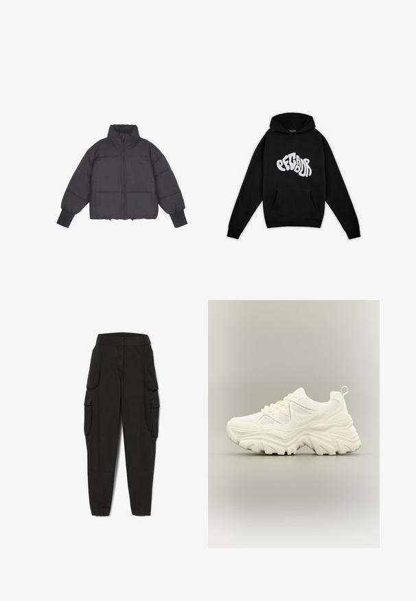 Chaqueta de plumas negra con cuello alto, cierre de cremallera en la parte frontal y puños elásticos. Presenta un acolchado estructurado y un diseño corto.; Pegador PALUMA OVERSIZED HOODIE - Sudadera - black; Pantalones cargueros negros con puños elásticos y múltiples bolsillos con solapa en los costados, diseñados para uso casual o utilitario.; Zapatilla blanca gruesa con suela gruesa y texturizada, paneles de malla, cierre de cordones en la parte delantera y tira en el talón sobre un fondo neutro.