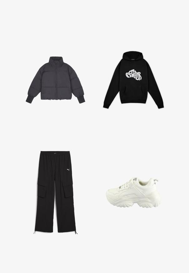 Sort pufferjakke med høj krave, lynlås i front og elastiske manchetter. Har struktureret quiltning og et cropped design.; Pegador PALUMA OVERSIZED HOODIE - Sweatshirt - black; Svarte cargo-bukser med bred ben-design, elastisk talje, to sidelommer og snoretræk ved kanten. Har et lille hvidt logo.; Hvide sneakers med et chunky design, glat syntetisk overdel, polstret krave og tekstureret gummisål med et diamantmønster.