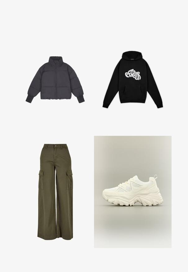 Zwarte pufferjack met hoge kraag, ritssluiting aan de voorkant en elastische manchetten. Bevat gestructureerde quiltstiksels en een cropped ontwerp.; Pegador PALUMA OVERSIZED HOODIE - Sweater - black; Olijfgroene wijde cargobroek met twee zijzakken, gemaakt van een zachte, duurzame stof. Voorzien van gedetailleerde stiksels en een knoopsluiting.; Witte chunky sneaker met dikke textuurrijke zool, mesh panelen, veters aan de voorkant en een treklipje aan de hiel op een neutrale achtergrond.