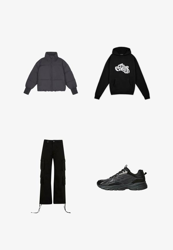 Zwarte pufferjack met hoge kraag, ritssluiting aan de voorkant en elastische manchetten. Bevat gestructureerde quiltstiksels en een cropped ontwerp.; Pegador PALUMA OVERSIZED HOODIE - Sweater - black; Zwarte cargobroek met een relaxte pasvorm, met cargozakken aan de zijkanten, koordjes aan de onderkant en een knoopsluiting in de taille.; Zwarte sportschoenen met een gemengd materiaalontwerp van suede en mesh, textuurelementen, een gewatteerde kraag en een duurzame rubberen zool.