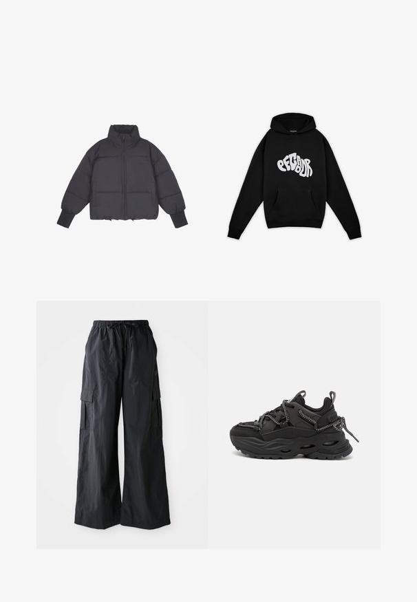 Sort pufferjakke med høj krave, lynlås i front og elastiske manchetter. Har struktureret quiltning og et cropped design.; Pegador PALUMA OVERSIZED HOODIE - Sweatshirt - black; Sorte cargo-bukser lavet af letvægtigt stof, med vidde i benene, elastisk talje og flere sidelommer. Enkle og funktionelle.; Sorte atletiske sko med et struktureret stofoverdel, tyk gummisål og kontrasterende snørebånd. Har forstærket hæl og branding.