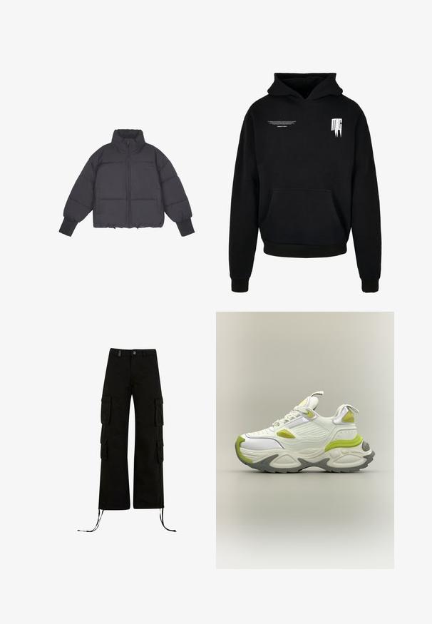 Doudoune noire avec un col montant, fermeture éclair à l'avant et poignets élastiques. Présente un matelassage structuré et une coupe courte.; Sweat à capuche noir avec poche sur le devant, petit texte blanc sur la partie supérieure gauche de la poitrine, et logo stylisé "MG" sur la partie supérieure droite de la poitrine.; Pantalons cargo noirs à coupe décontractée, avec des poches cargo sur les côtés, des ourlets à cordon de serrage et une fermeture par bouton à la taille.; Baskets épaisses blanches et vert clair avec semelle épaisse, lacets à l’avant et languettes sur la languette et le talon, présentées sur fond neutre.