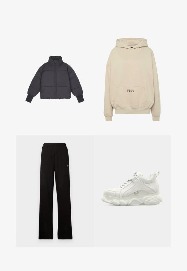 Schwarze Daunenjacke mit hohem Kragen, Reißverschluss vorne und elastischen Bündchen. Sie hat eine strukturierte Steppung und ein kurzes Design.; Beiger Hoodie mit Fronttasche, gerippten Bündchen und Kordelzugkapuze. "PECADOR PGDR" Schriftzug auf dem Taschenbereich.; Schwarze, gerippte, weit geschnittene Hose mit elastischem Bund und kleinem dekorativem Logo, aus einem glatten Material mit langem Design.; Weiße Sportsneaker mit einem glatten Lederobermaterial, abgerundeter Sohle und strukturiertem Akzent. Ausgestattet mit Schnürsenkeln und einem Zugband auf der Rückseite.