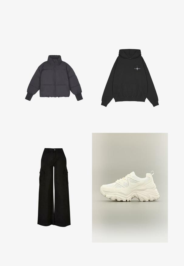 Zwarte pufferjack met hoge kraag, ritssluiting aan de voorkant en elastische manchetten. Bevat gestructureerde quiltstiksels en een cropped ontwerp.; Pegador Hoodie - washed black; Zwarte wijde cargo-broek met hoge taille, knoop aan de voorkant, rits, riemlussen en klepzakken op beide dijen.; Witte chunky sneaker met dikke textuurrijke zool, mesh panelen, veters aan de voorkant en een treklipje aan de hiel op een neutrale achtergrond.