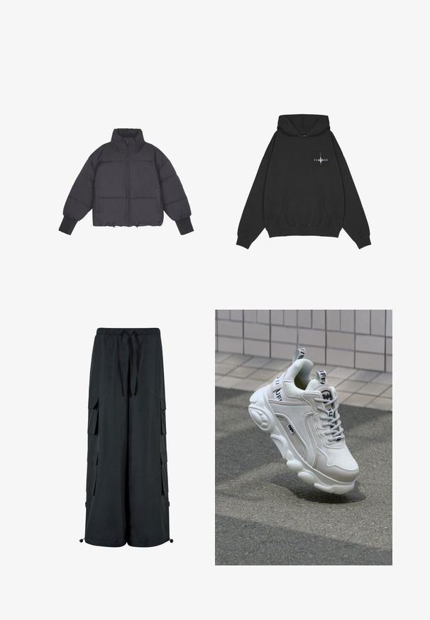 Sort pufferjakke med høj krave, lynlås i front og elastiske manchetter. Har struktureret quiltning og et cropped design.; Pegador Hættetrøje - washed black; Sorte cargo-lignende bukser med elastisk talje, snørre og sidelommer. Lavet af glat stof med en løstsiddende pasform.; Hvide sneakers med mesh- og lædermaterialer, rund tå, tyk sål, fremtrædende snørebånd og branding på hælen og tungen.