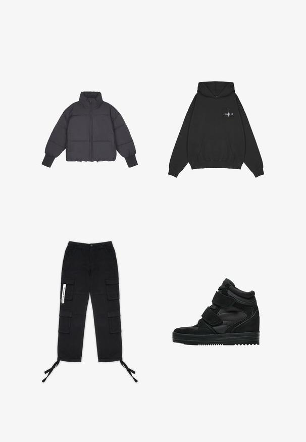 Doudoune noire avec un col montant, fermeture éclair à l'avant et poignets élastiques. Présente un matelassage structuré et une coupe courte.; Pegador Sweat à capuche - washed black; Pegador TANAMI WIDE PANTS - Pantalon cargo - black; Baskets montantes noires en suede et mesh, avec des bandes Velcro, une finition lisse et une semelle en caoutchouc texturée pour une meilleure adhérence.