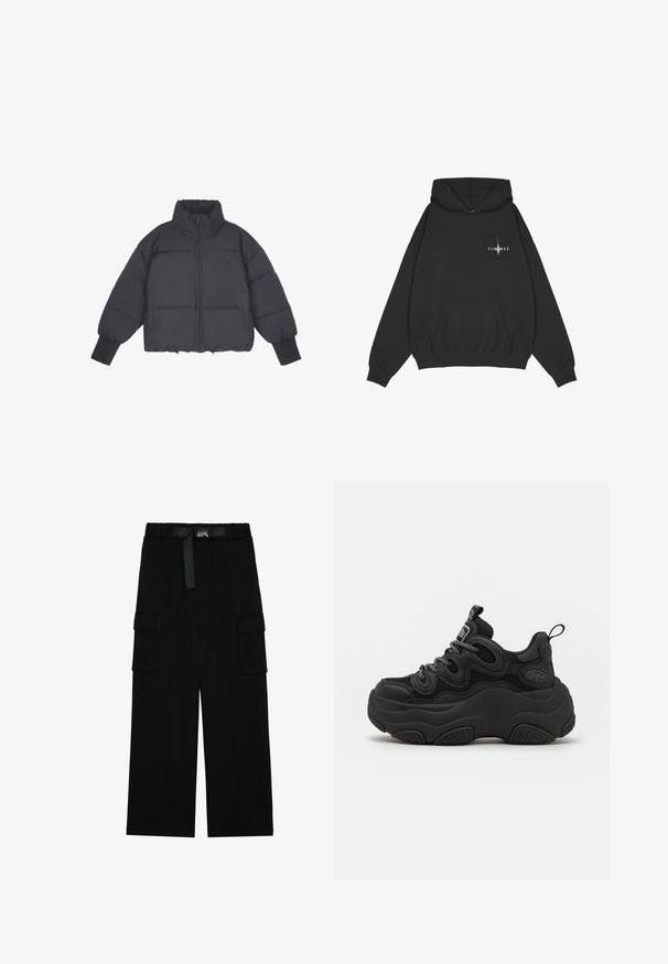 Schwarze Daunenjacke mit hohem Kragen, Reißverschluss vorne und elastischen Bündchen. Sie hat eine strukturierte Steppung und ein kurzes Design.; Pegador Kapuzenpullover - washed black; Schwarze Cargohosen mit weitem Bein, elastischem Bund und einem Gürtel sowie zwei großen Seitentaschen für zusätzlichen Stauraum.; Schwarzer Sneaker mit chunky Design, featuring einem strukturierten Obermaterial, Mesh-Einsätzen und einer dicken Gummisohle. Reflexionsschnürsenkel und sichtbare Markendetails.