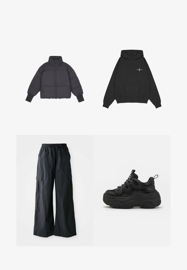 Schwarze Daunenjacke mit hohem Kragen, Reißverschluss vorne und elastischen Bündchen. Sie hat eine strukturierte Steppung und ein kurzes Design.; Pegador Kapuzenpullover - washed black; Schwarze Cargo-Hosen aus leichtem Material, mit weitem Bein-Design, elastischem Bund und mehreren Seitentaschen. Einfach und funktional.; Schwarzer Sneaker mit chunky Design, featuring einem strukturierten Obermaterial, Mesh-Einsätzen und einer dicken Gummisohle. Reflexionsschnürsenkel und sichtbare Markendetails.
