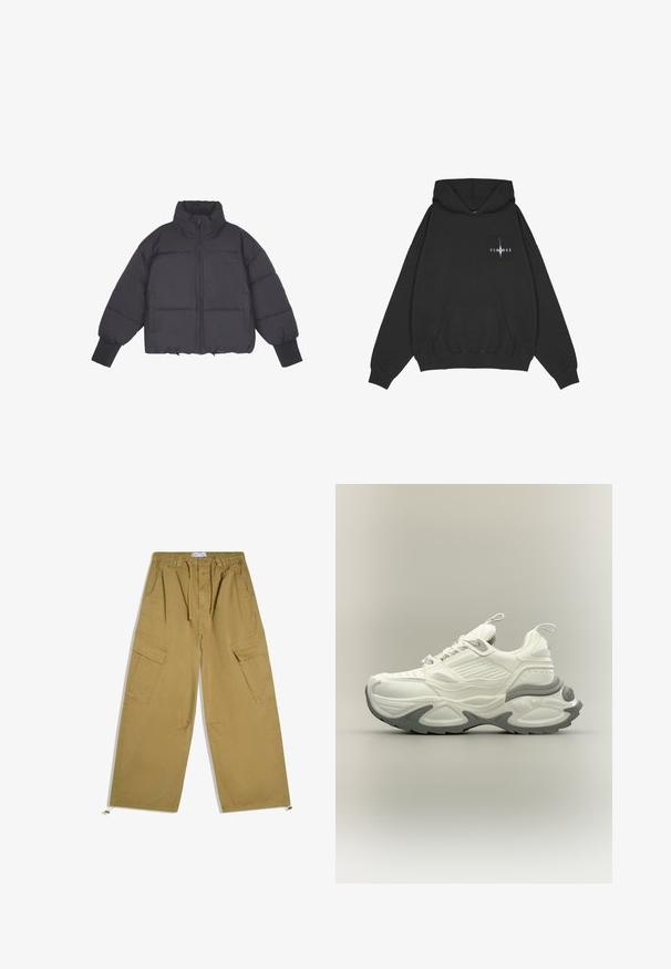 Doudoune noire avec un col montant, fermeture éclair à l'avant et poignets élastiques. Présente un matelassage structuré et une coupe courte.; Pegador Sweat à capuche - washed black; Pantalon cargo kaki à jambes larges avec taille à cordon, poches latérales à rabat et cordons ajustables aux chevilles, étalé à plat sur fond blanc.; Baskets épaisses blanches et grises avec semelle texturée, languettes de tir sur la languette et le talon, et design détaillé des panneaux sur la tige.
