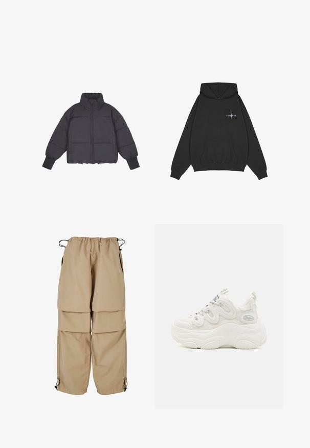 Zwarte pufferjack met hoge kraag, ritssluiting aan de voorkant en elastische manchetten. Bevat gestructureerde quiltstiksels en een cropped ontwerp.; Pegador Hoodie - washed black; Beige cargo broeken met een elastische tailleband, gelaagd ontwerp en zijzakken. Voorzien van verstelbare boorden met toggles voor een aanpasbare pasvorm.; Witte chunky sneakers met een bovenwerk van mesh en synthetisch materiaal, een gebogen vorm, een gestructureerde zool en een opvallend vetersysteem met logo-details.