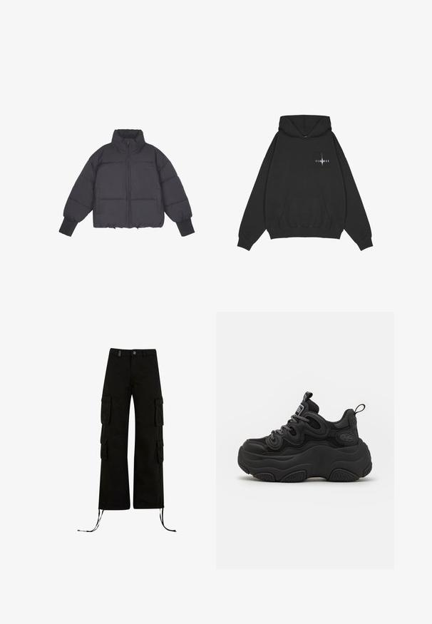Schwarze Daunenjacke mit hohem Kragen, Reißverschluss vorne und elastischen Bündchen. Sie hat eine strukturierte Steppung und ein kurzes Design.; Pegador Kapuzenpullover - washed black; Schwarze Cargo-Hosen mit einer lockeren Passform, ausgestattet mit Cargo-Taschen an den Seiten, Kordelzügen am Saum und einem Knopfverschluss an der Taille.; Schwarzer Sneaker mit chunky Design, featuring einem strukturierten Obermaterial, Mesh-Einsätzen und einer dicken Gummisohle. Reflexionsschnürsenkel und sichtbare Markendetails.