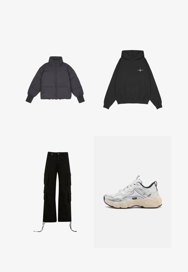Sort pufferjakke med høj krave, lynlås i front og elastiske manchetter. Har struktureret quiltning og et cropped design.; Pegador Hættetrøje - washed black; Sorte cargo bukser med en afslappet pasform, der har cargolommer på siderne, snøre i kanten og en knaplukning i taljen.; Hvid sportsko med mesh- og syntetiske paneler, sølvdetaljer, chunky creme farvet sål og kontrasterende sorte detaljer. Har snøresystem.