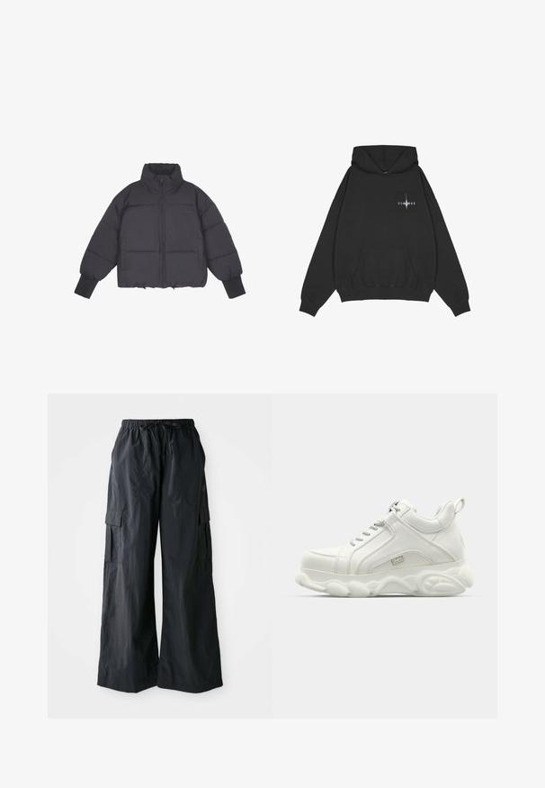 Sort pufferjakke med høj krave, lynlås i front og elastiske manchetter. Har struktureret quiltning og et cropped design.; Pegador Hættetrøje - washed black; Sorte cargo-bukser lavet af letvægtigt stof, med vidde i benene, elastisk talje og flere sidelommer. Enkle og funktionelle.; Hvide atletiske sneakers med en glat læderoverdel, rund sål og tekstureret accent. Har snørebånd og en slippe-strop bagpå.